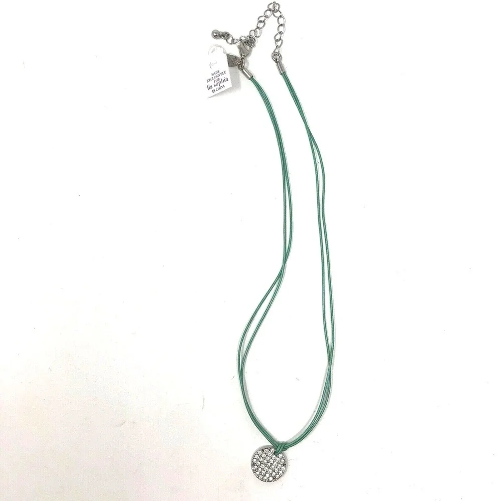 Lia Sophia Necklace‎ Aqua Corded Silver Tone Beaded Disk Spotlight